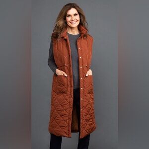 Papillon cinched Waist Longline Quilted Vest. A beautiful burnt orange/brown.